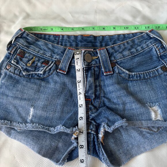 TRUE RELIGION Blue Jean Short Cut Off Raw Hem Daisy Distressed Low Rise 25 - Picture 4 of 7